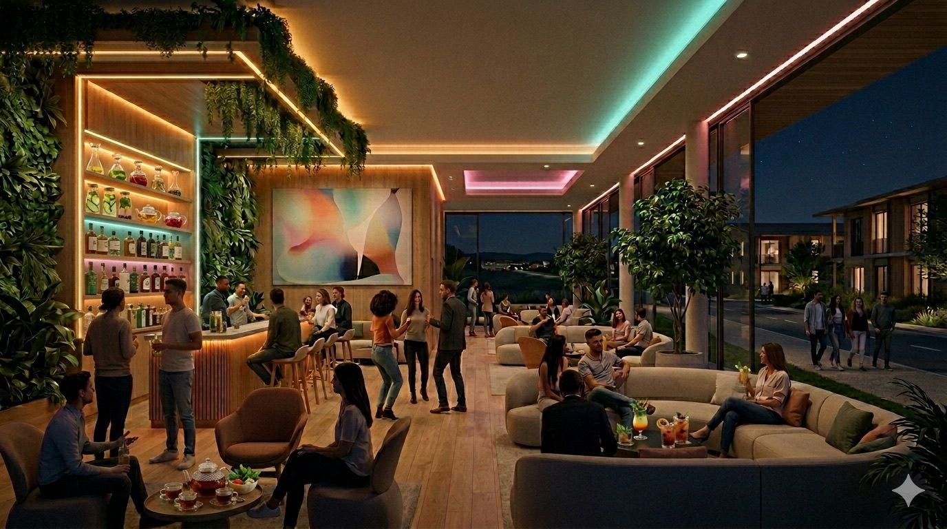An evening place to gather, in neon light — visualization of the intended environment