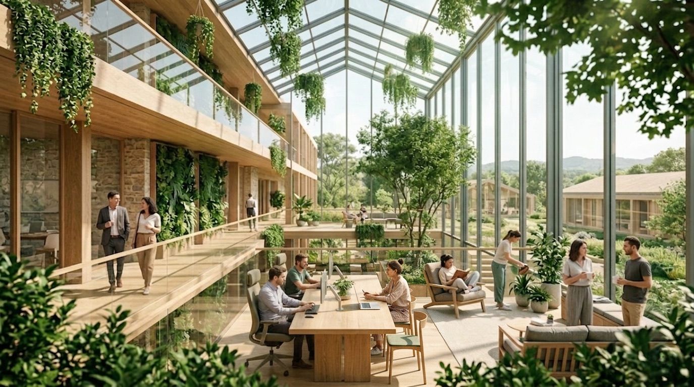 A lived-in, technological environment in soft morning light — visualization of the intended environment